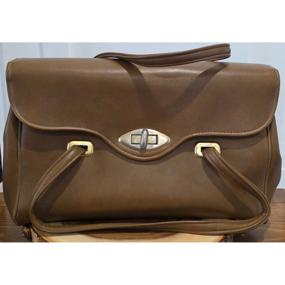 VTG MCM Retro Office Utilitarian Brown Faux Leather Handbag USA Turn Closure